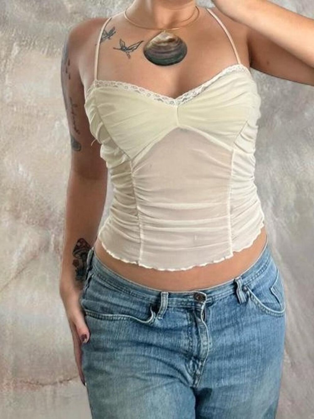 VTG Forever 21 Cream Ruched Sheer Bustier Cami Tank 🩰 Sweetheart Bust